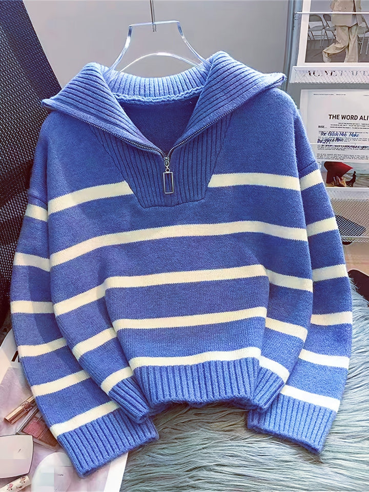 Drew | Quarter Zip Striped Relaxed Sweater with Collar