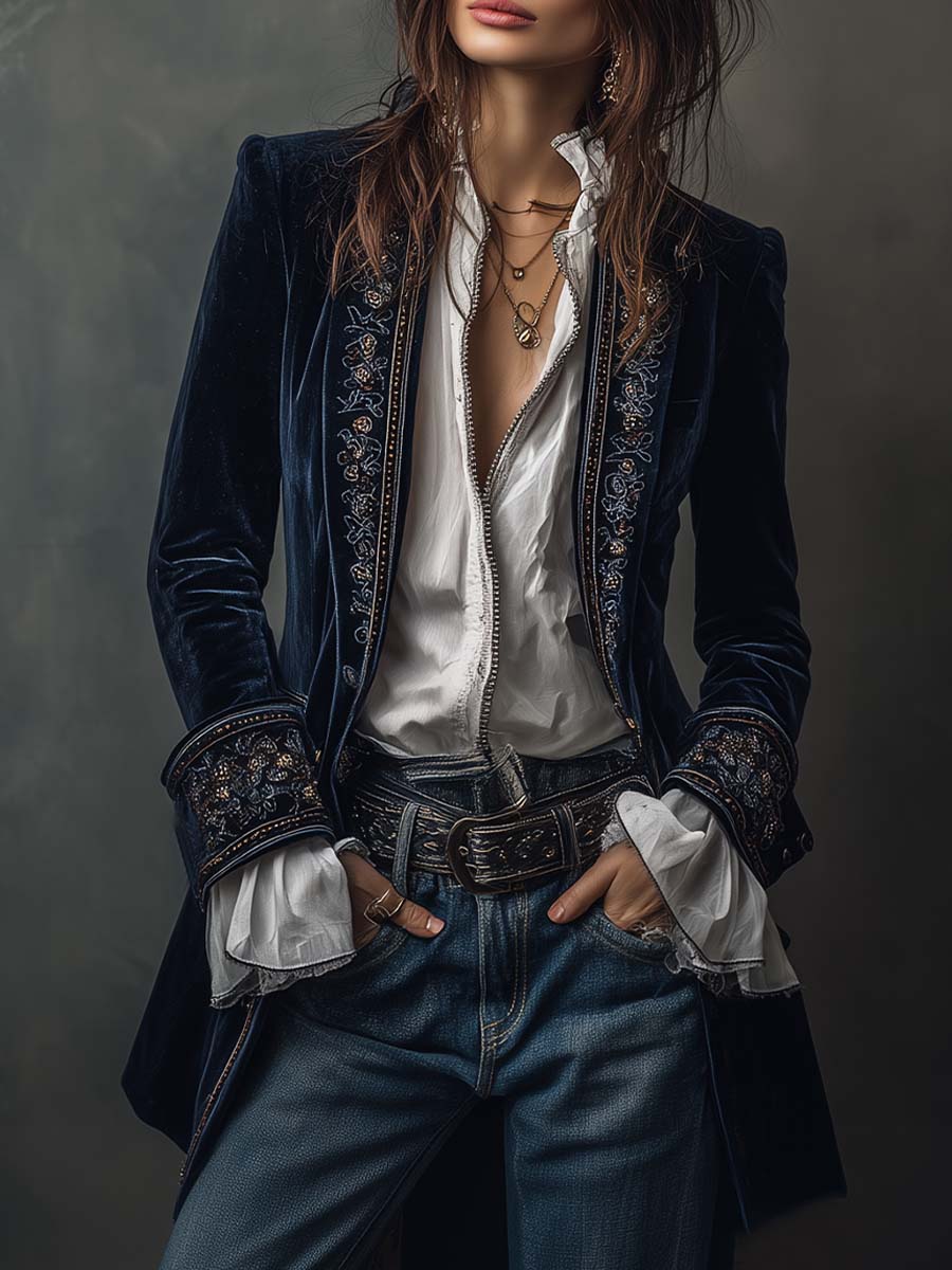 Savannah | Embroidered Velvet Floral Fitted Jacket