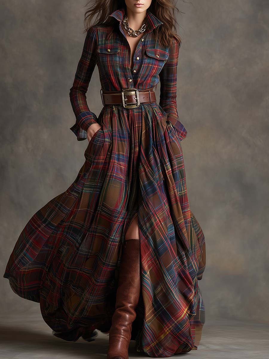 Womens plaid belted maxi shirt dress, view 1