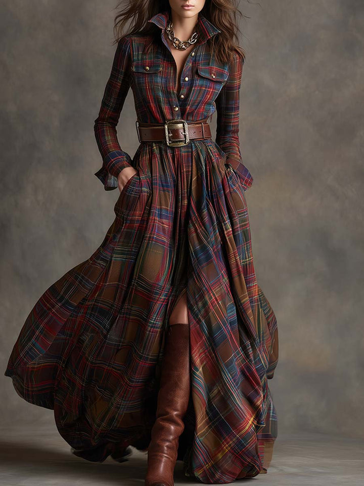 Womens plaid belted maxi shirt dress, view 1