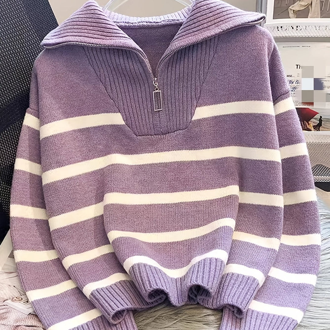 Drew | Quarter Zip Striped Relaxed Sweater with Collar