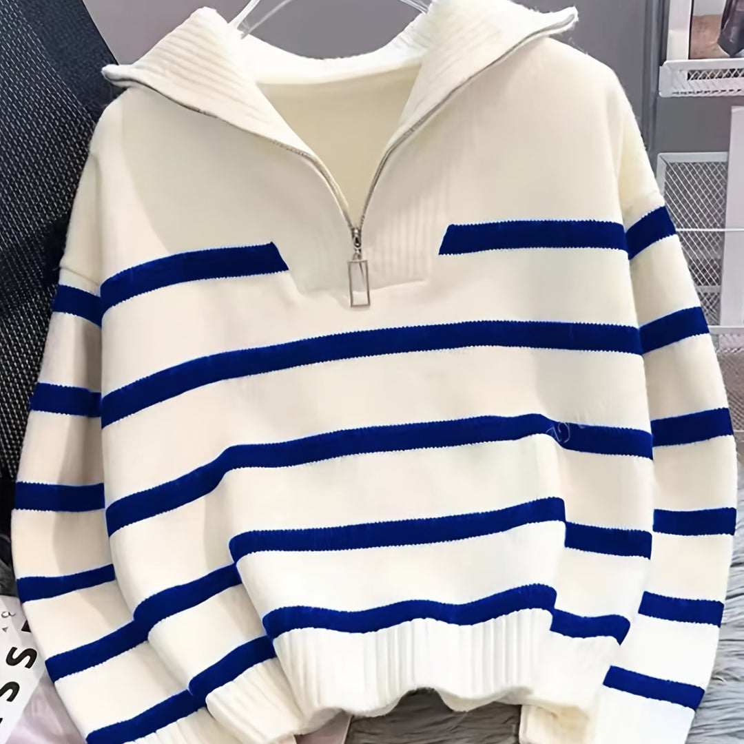 Drew | Quarter Zip Striped Relaxed Sweater with Collar