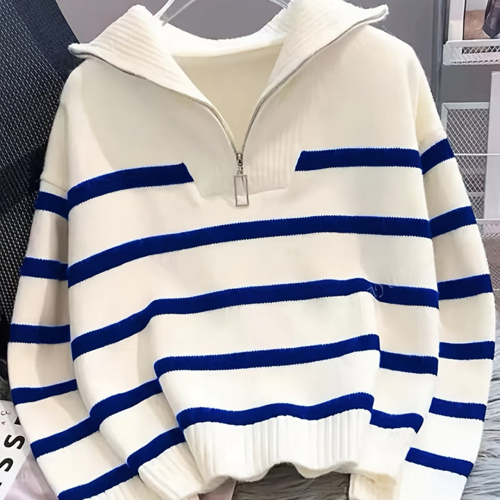 Drew | Quarter Zip Striped Relaxed Sweater with Collar