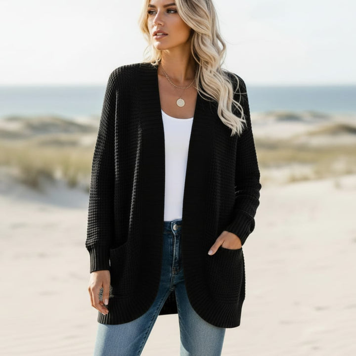 Womens open front waffle knit cardigan with pockets, view 3