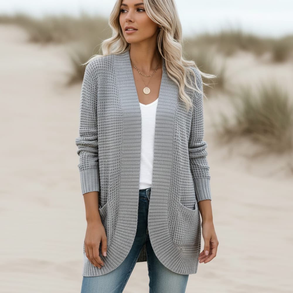 Womens open front waffle knit cardigan with pockets, view 1