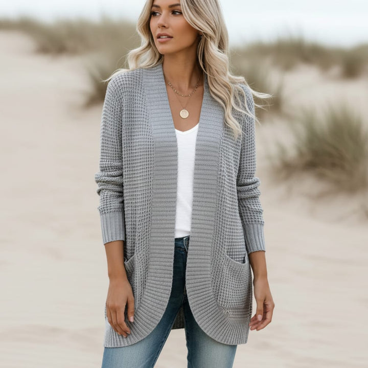 Womens open front waffle knit cardigan with pockets, view 1
