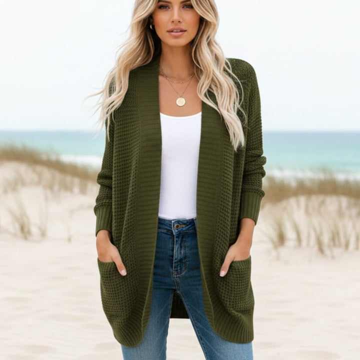 Womens open front waffle knit cardigan with pockets, view 6