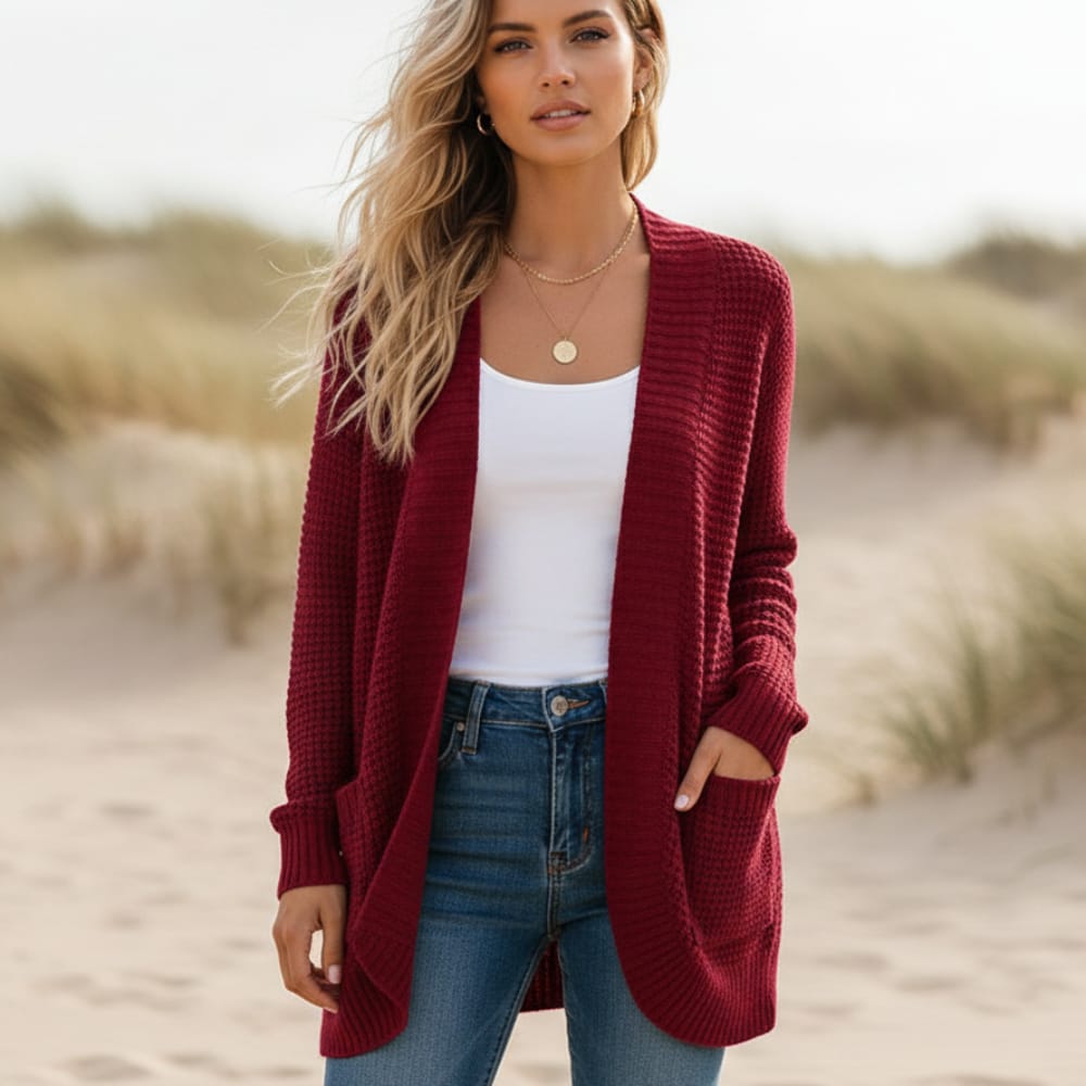 Womens open front waffle knit cardigan with pockets, view 2
