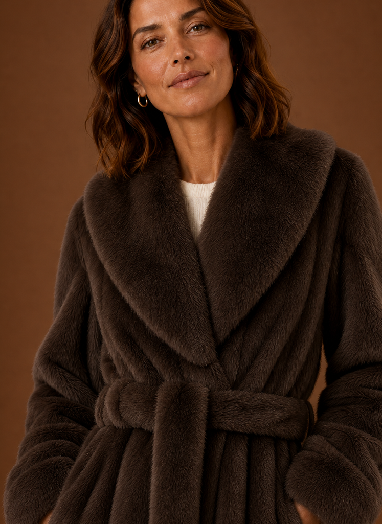 Caitlin | Brown Faux Fur Belted Wrap Coat