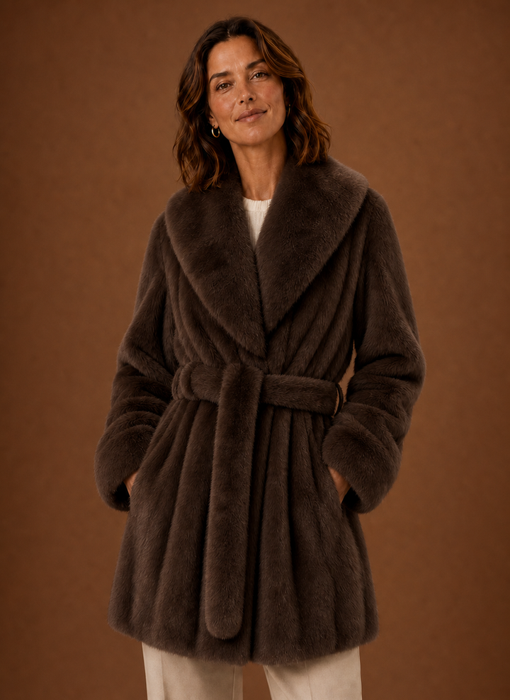 Caitlin | Brown Faux Fur Belted Wrap Coat