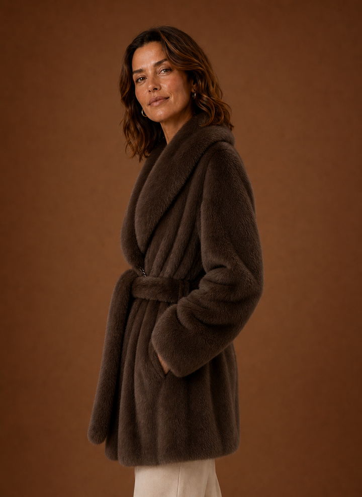 Caitlin | Brown Faux Fur Belted Wrap Coat