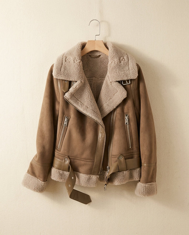 Womens faux suede shearling aviator jacket, view 1