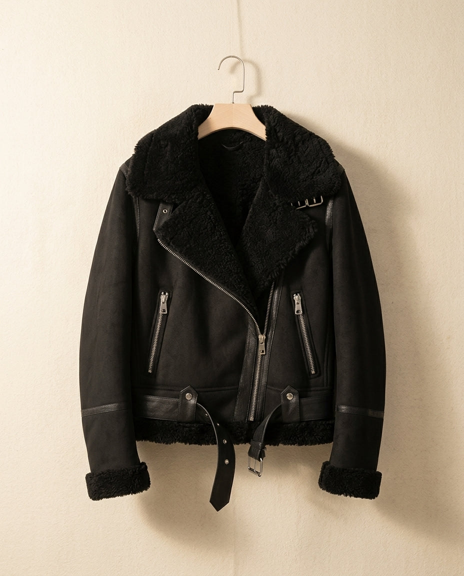 Womens faux suede shearling aviator jacket, view 2