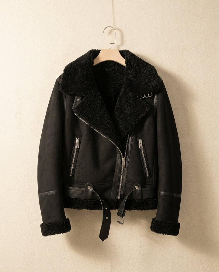 Womens faux suede shearling aviator jacket, view 2