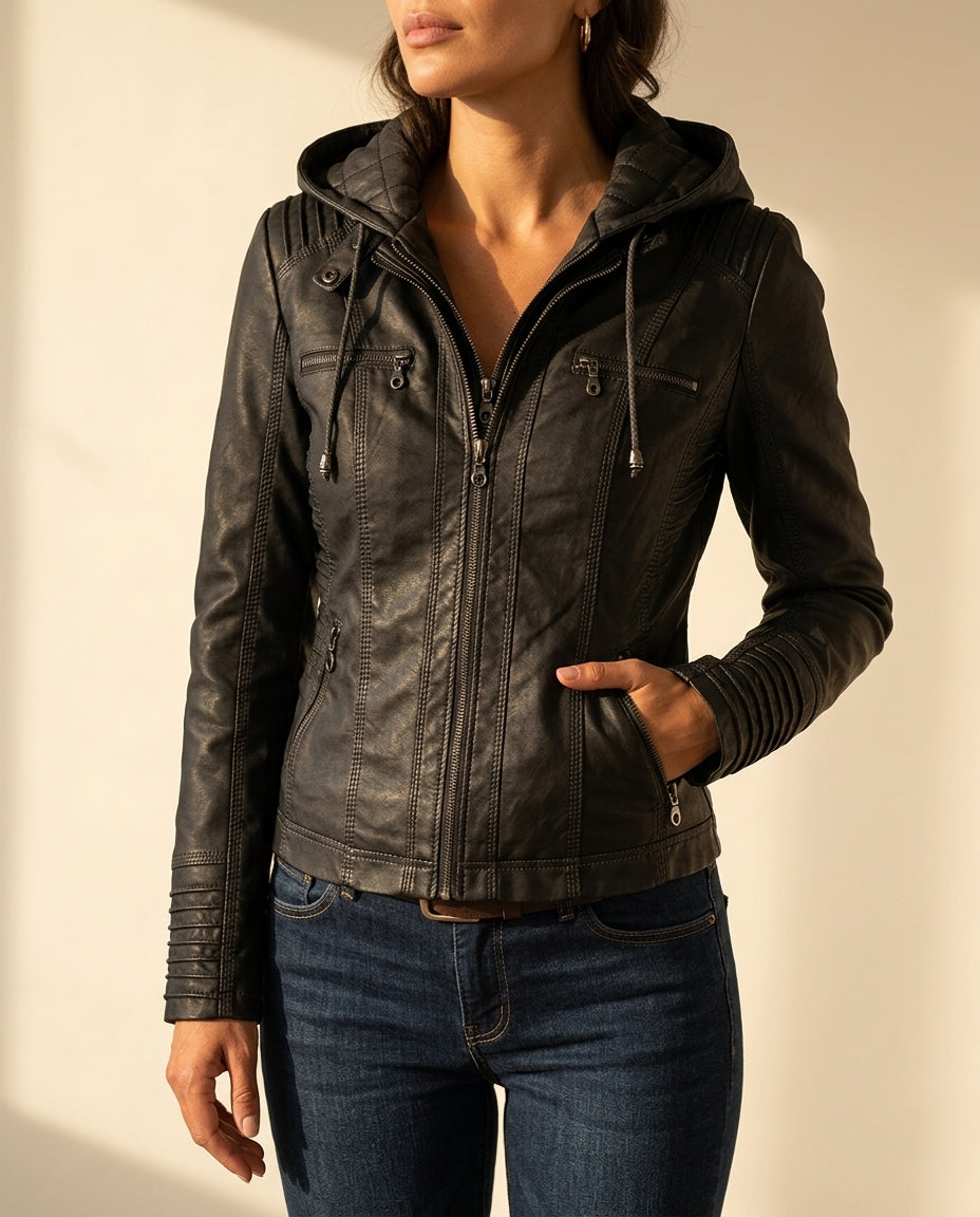 Ivy | Fitted Faux Leather Hooded Zip Jacket