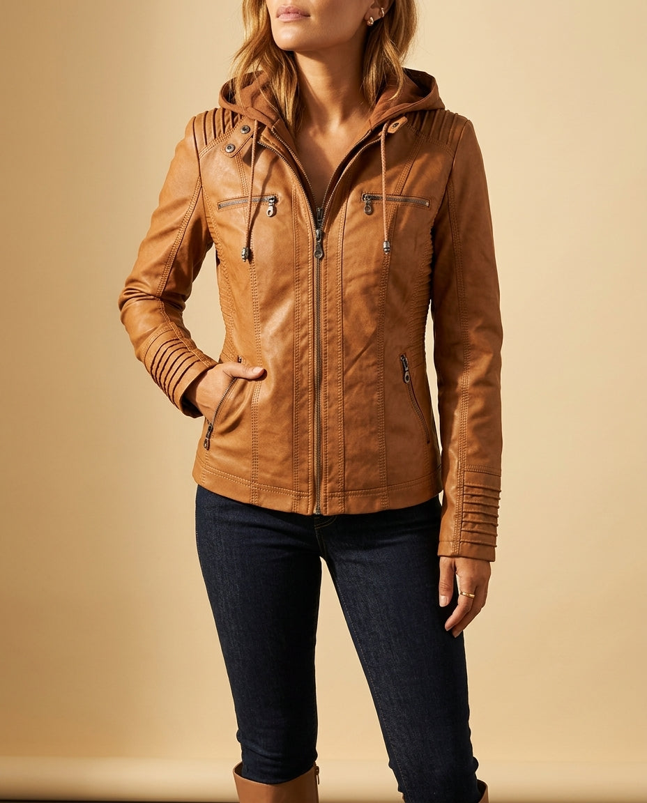 Ivy | Fitted Faux Leather Hooded Zip Jacket