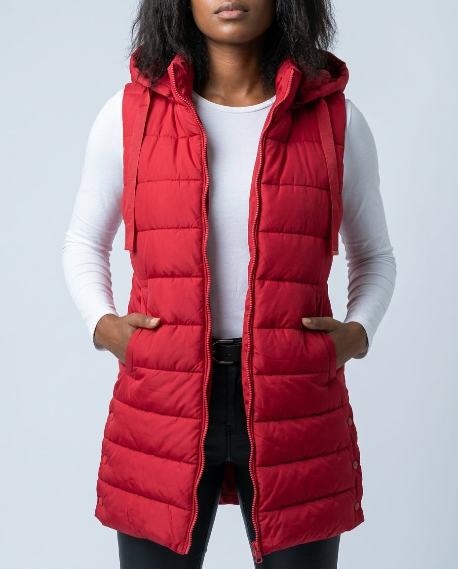Holly | Longline Hooded Puffer Vest Zip Pockets Sleeveless