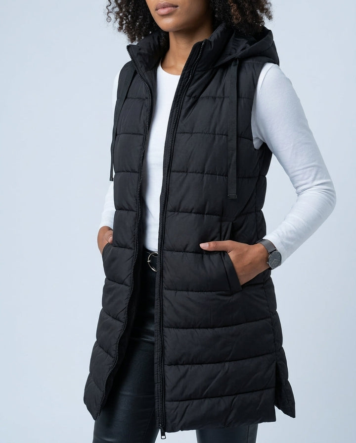 Holly | Longline Hooded Puffer Vest Zip Pockets Sleeveless