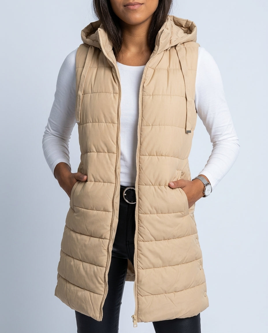 Holly | Longline Hooded Puffer Vest Zip Pockets Sleeveless