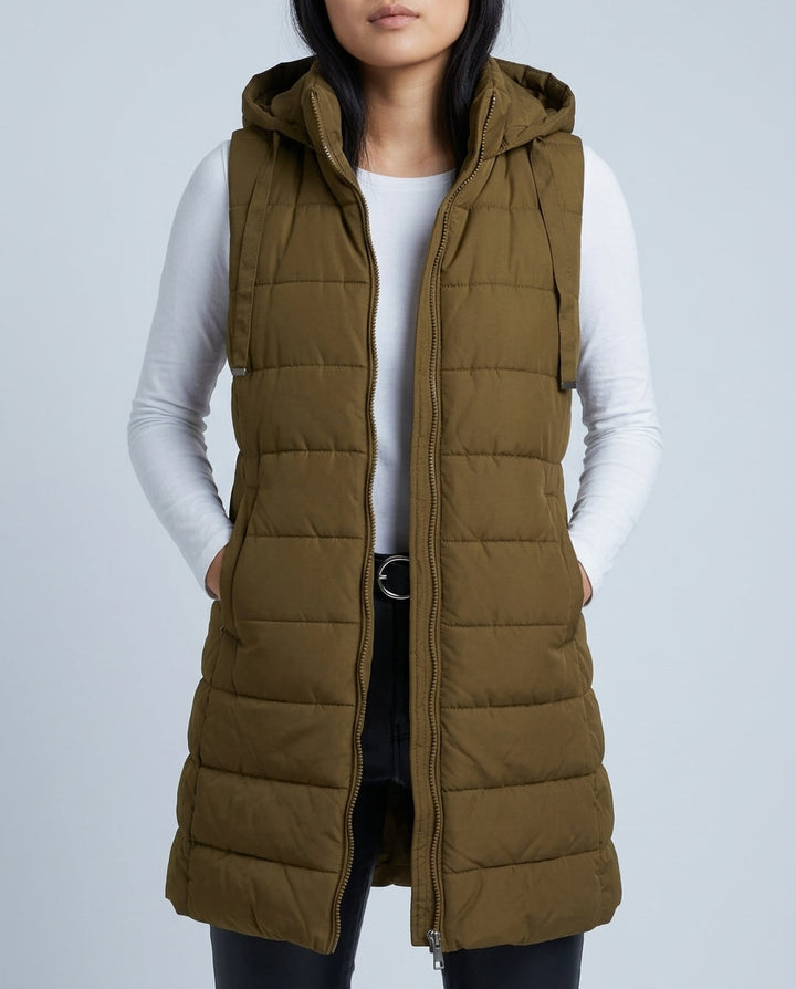 Holly | Longline Hooded Puffer Vest Zip Pockets Sleeveless