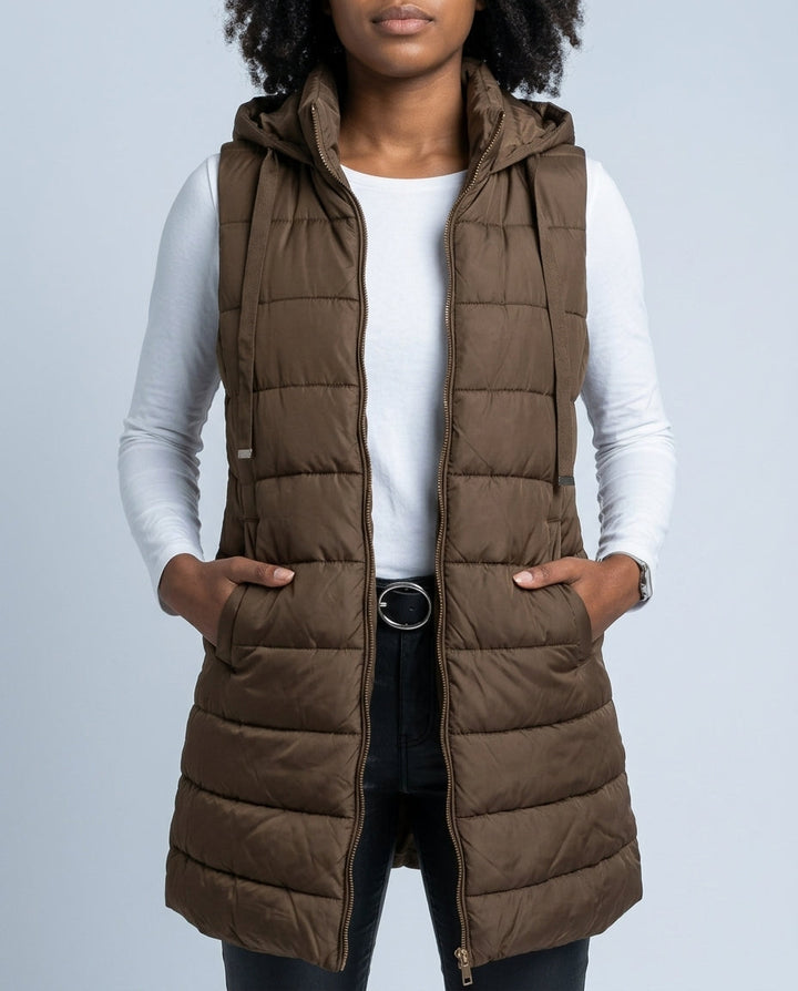 Holly | Longline Hooded Puffer Vest Zip Pockets Sleeveless