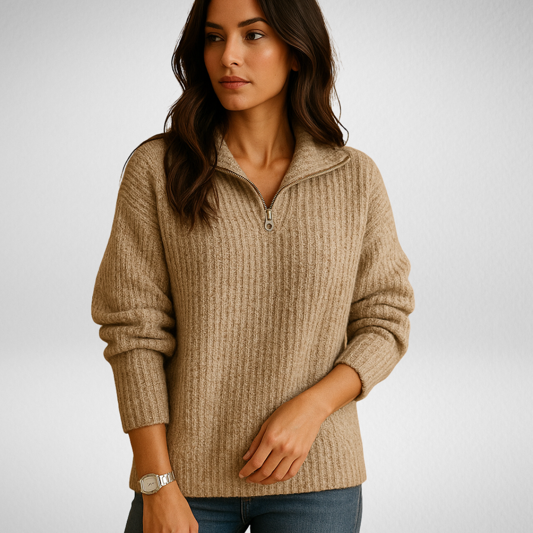 Saffron | Womens Quarter-Zip Ribbed Knit Sweater