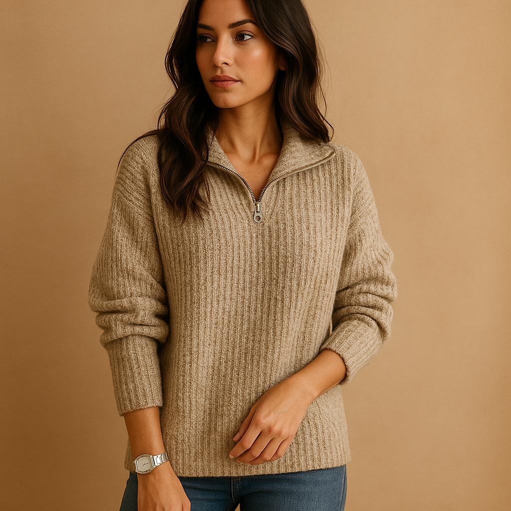 Womens quarter-zip ribbed knit sweater, view 1