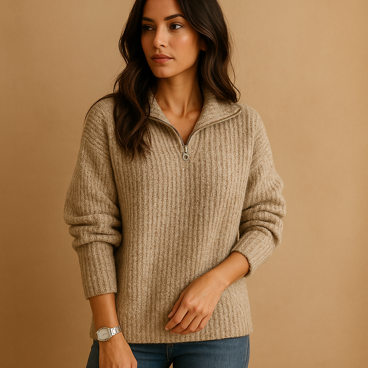 Womens quarter-zip ribbed knit sweater, view 1