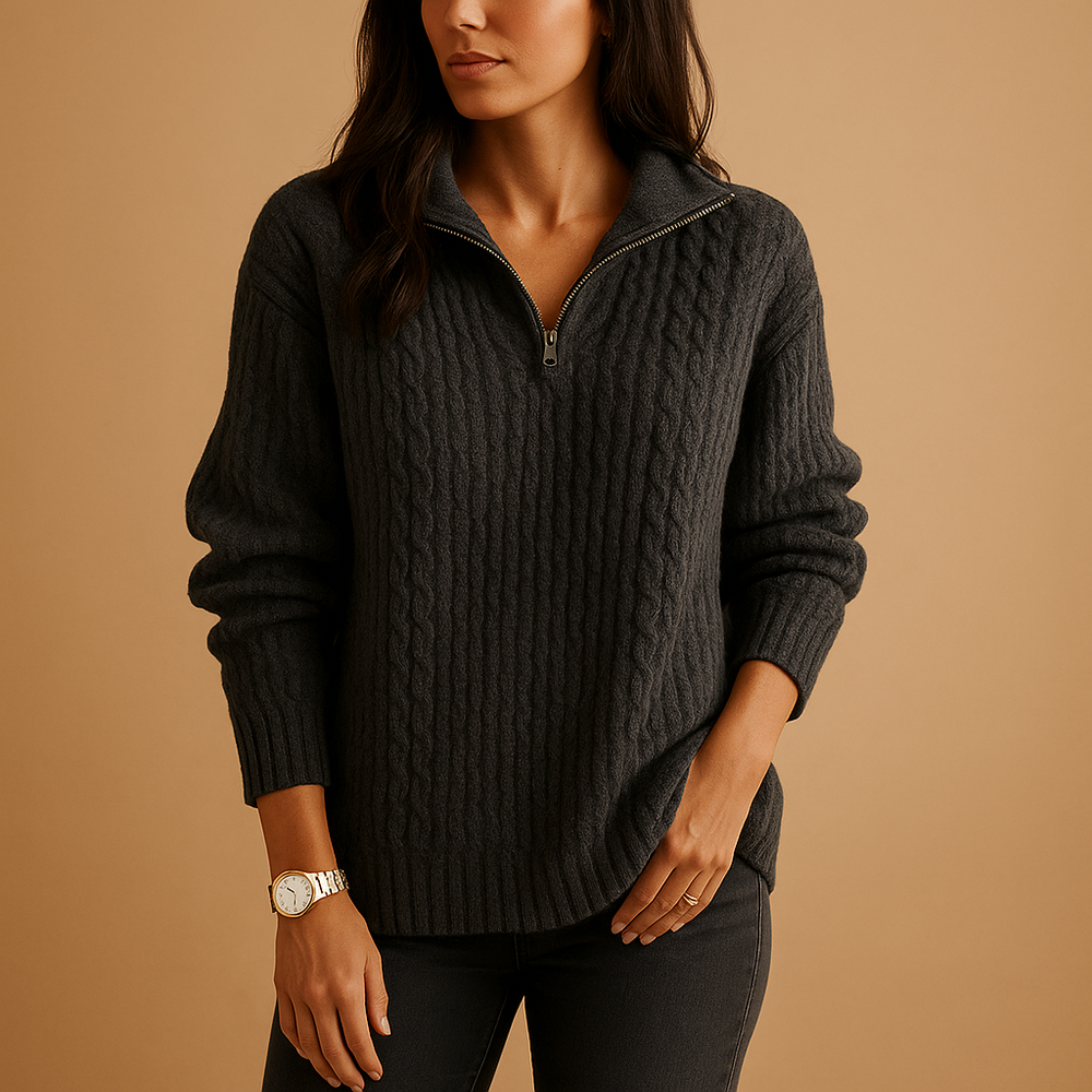 Womens quarter-zip ribbed knit sweater, view 2
