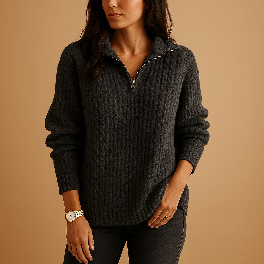 Womens quarter-zip ribbed knit sweater, view 2