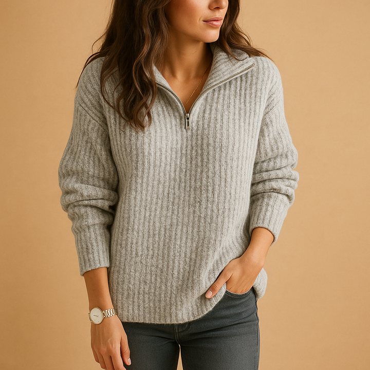 Womens quarter-zip ribbed knit sweater, view 3