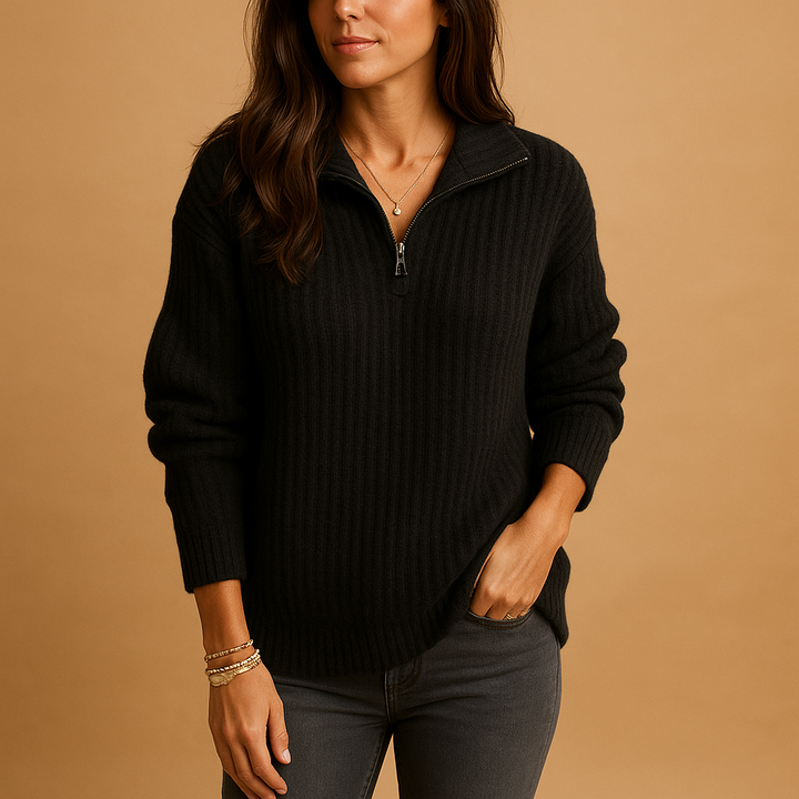Saffron | Womens Quarter-Zip Ribbed Knit Sweater