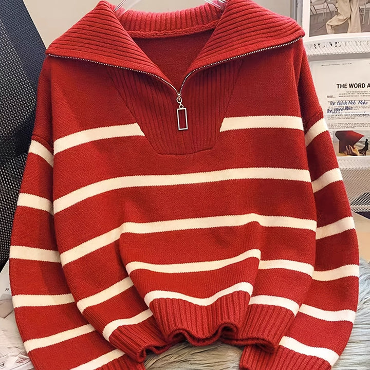 Drew | Quarter Zip Striped Relaxed Sweater with Collar