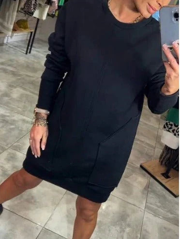 Womens sweatshirt mini dress with pockets, view 3