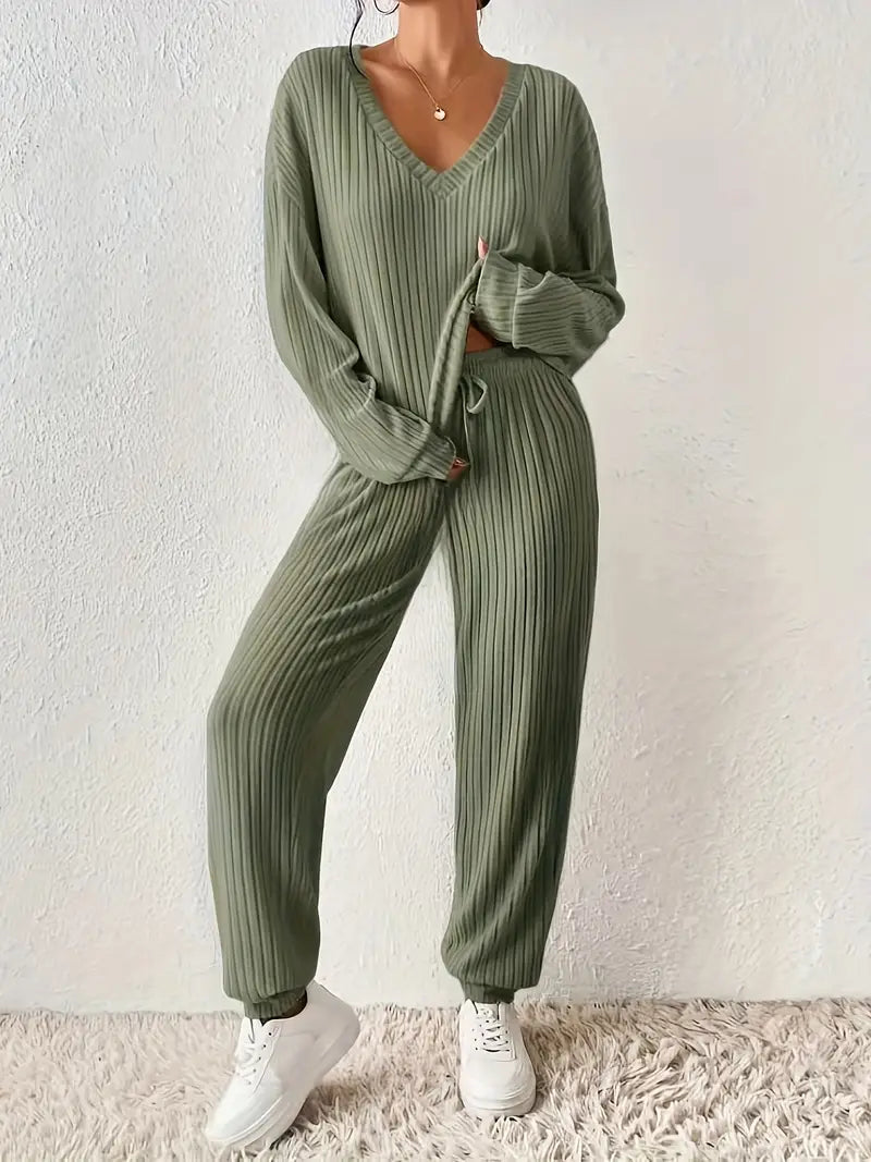 Womens ribbed knit lounge set two-piece, view 1