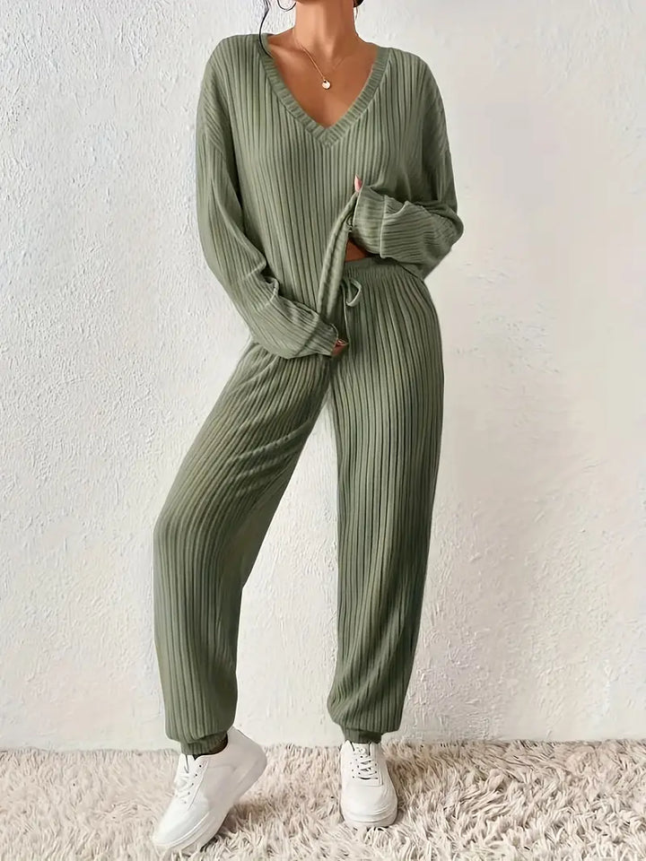Womens ribbed knit lounge set two-piece, view 1