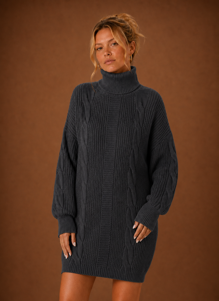 Jade | Turtleneck Cable Knit Sweater Dress