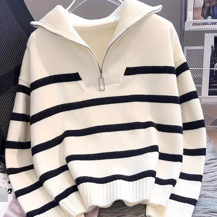 Drew | Quarter Zip Striped Relaxed Sweater with Collar