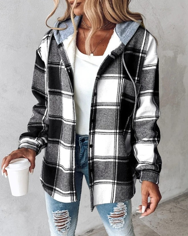 Womens hooded plaid flannel shacket, view 3