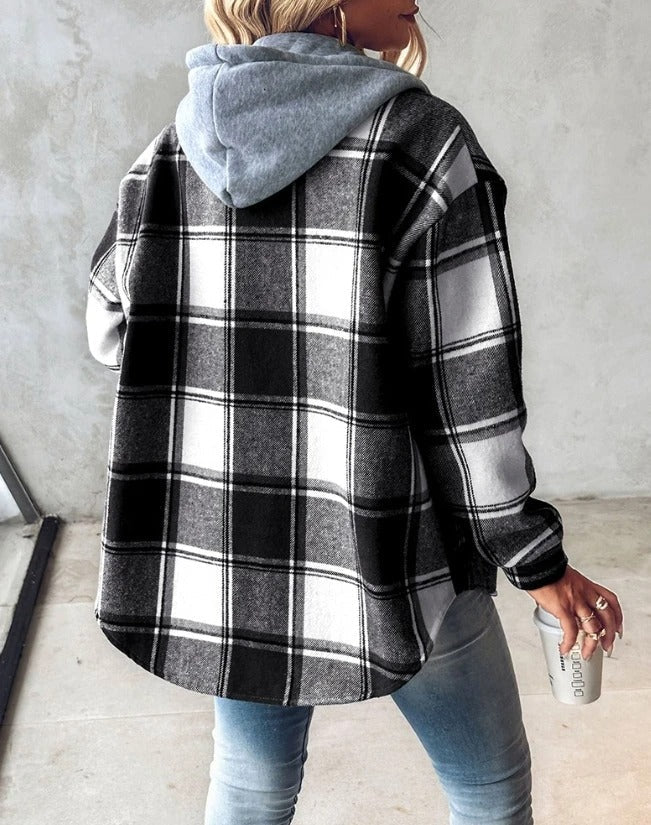 Womens hooded plaid flannel shacket, view 4