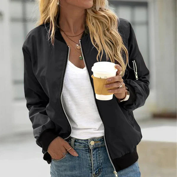 Womens zip-up bomber jacket ribbed cuffs, view 1