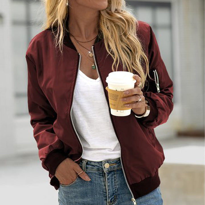 Womens zip-up bomber jacket ribbed cuffs, view 2