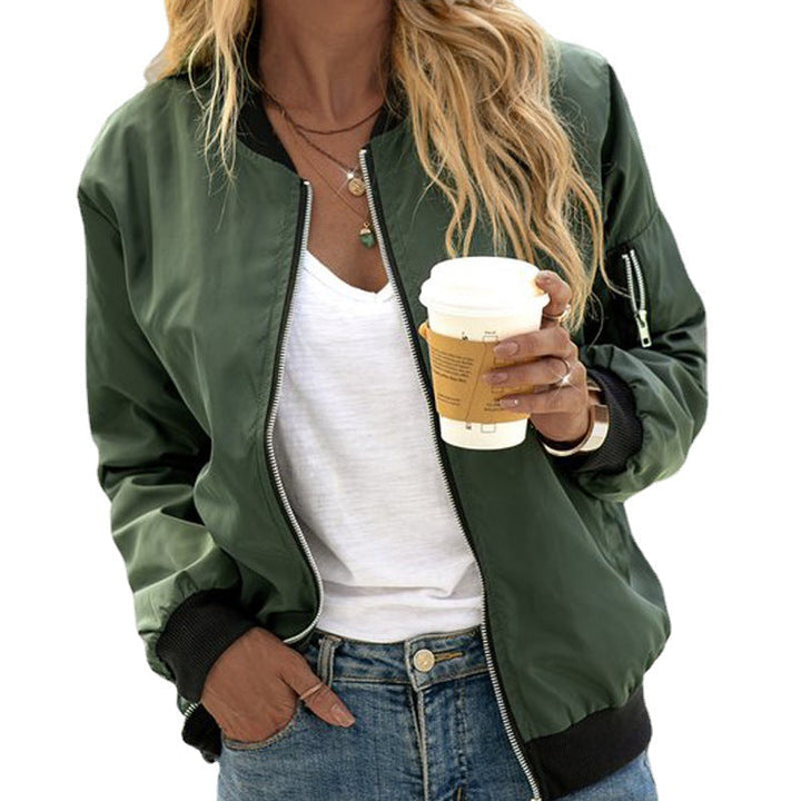 Womens zip-up bomber jacket ribbed cuffs, view 3