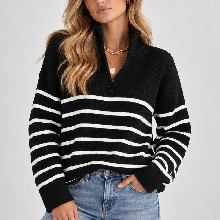 Elise | Quarter Zip Striped Collared Sweater