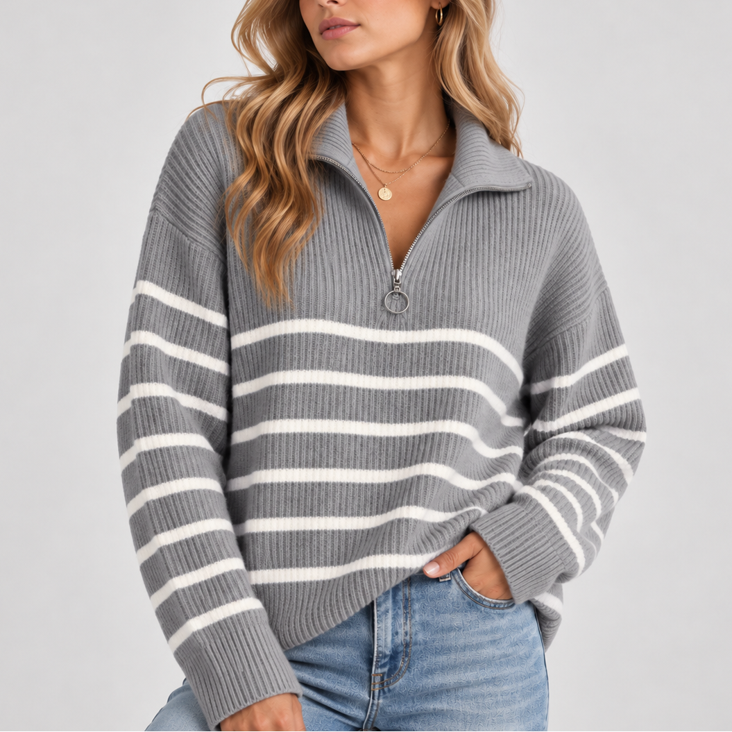 Elise | Quarter Zip Striped Collared Sweater