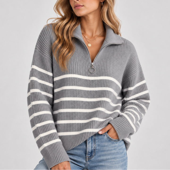 Elise | Quarter Zip Striped Collared Sweater