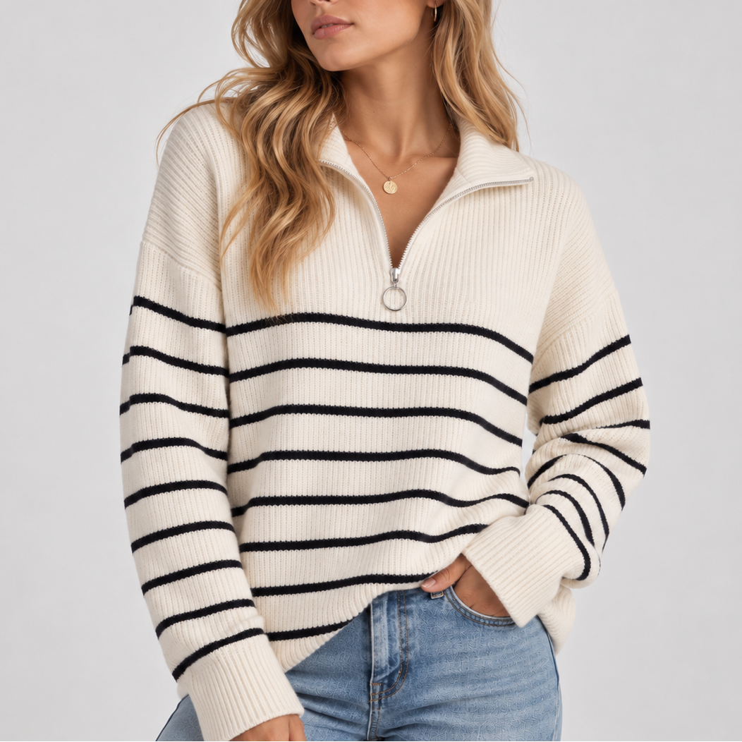 Elise | Quarter Zip Striped Collared Sweater