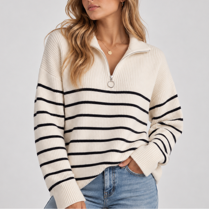 Elise | Quarter Zip Striped Collared Sweater