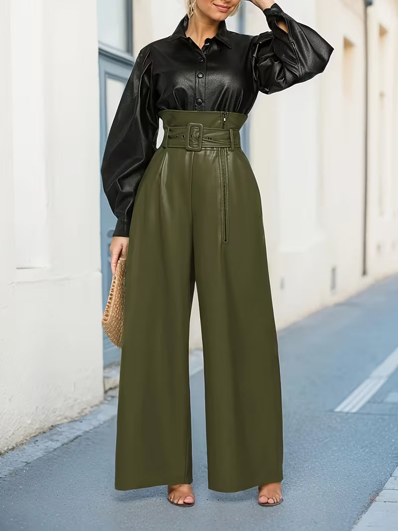 Vera | Womens Wide Leg Collared Faux Leather Trousers