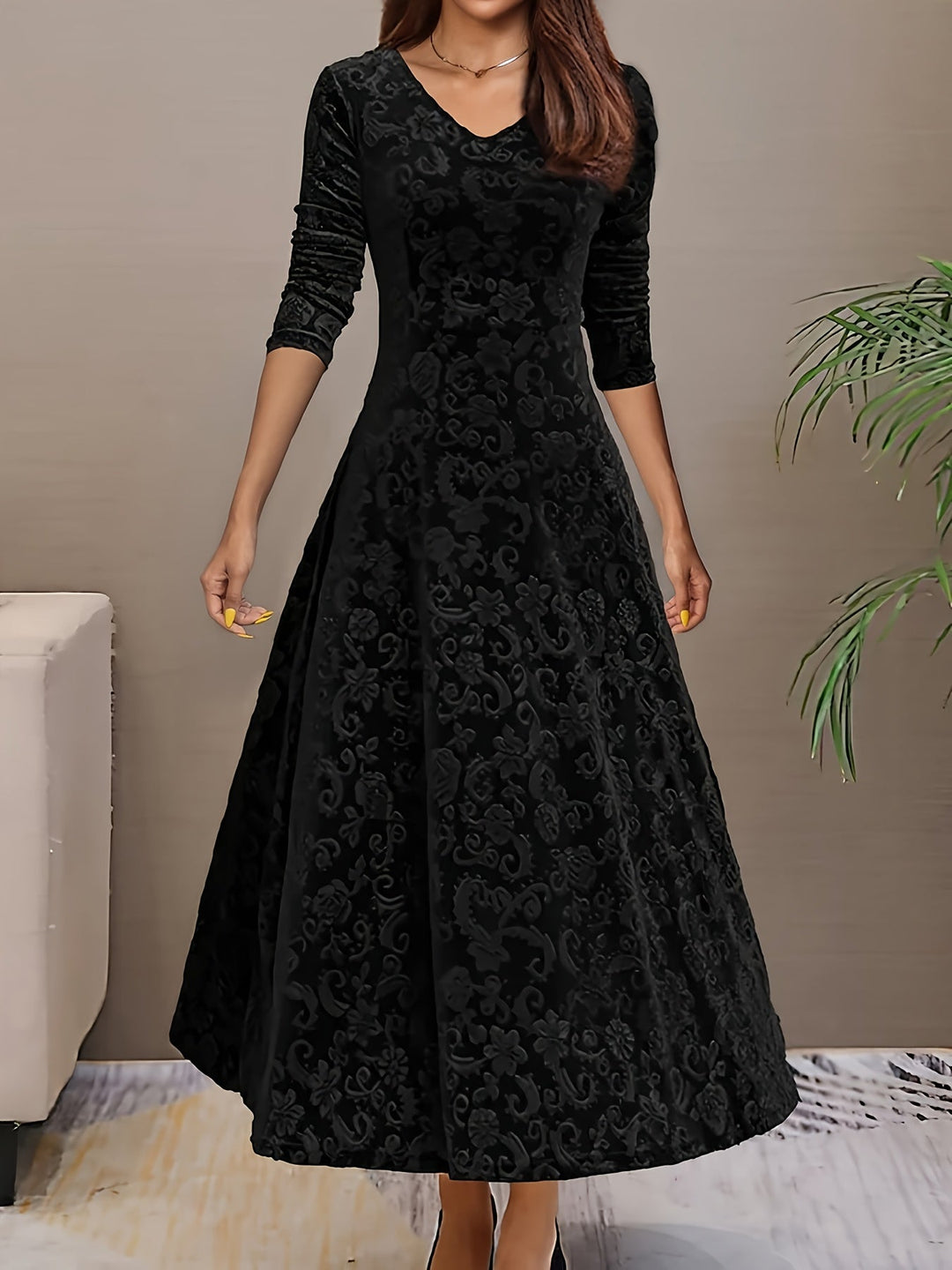 Cassia | Womens Velvet Embossed Midi Dress